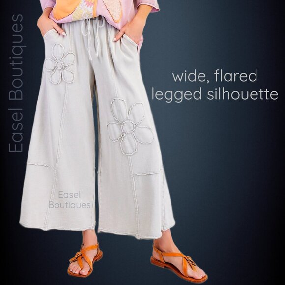 EASEL “Flower Path” Mineral Washed Pants Wide Leg Cozy Relax Fit Raw Seams, Hems - Picture 12 of 14